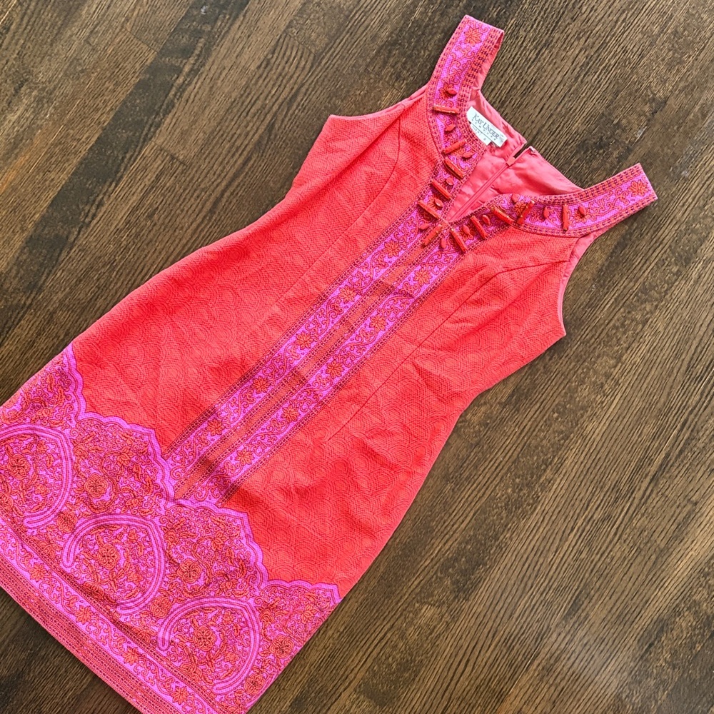 Kay Unger Vibrant Red and Pink Sleeveless Dress, beautiful bead work.